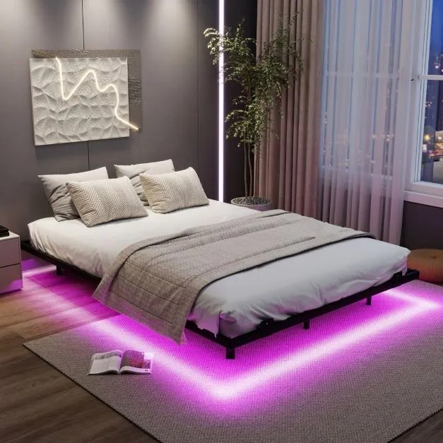 Estrutura de cama flutuante com luzes LED 200 x 140 x 24,5 cm de metal para colchão (COLCHÃO NÃO INCLUIDO) Base de ripas Somier preto
