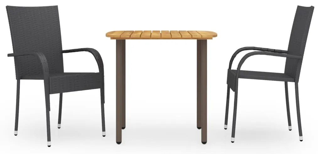3 pcs conjunto de jantar para jardim vime PE preto