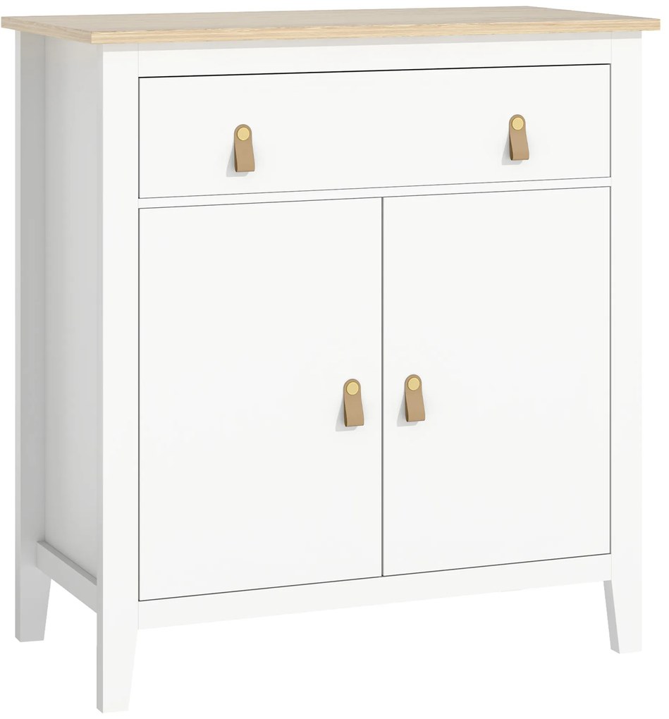 HOMCOM Aparador Sala de Estar Moderno com Gaveta Prateleira Ajustável e Puxadores em PU 80x40x90 cm Branco e Madeira | Aosom Portugal