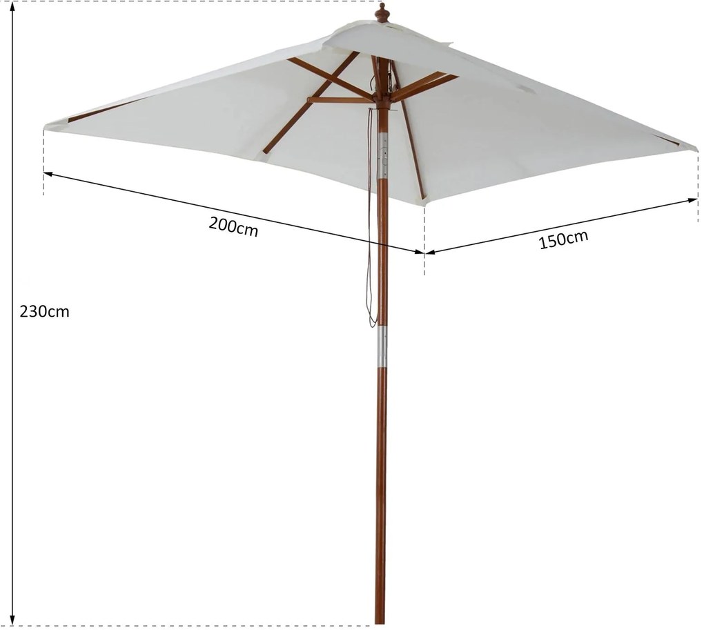 Chapéu de Sol de Jardim 200x150x230cm Chapéu de Sol Retangular Inclinável com Polia Duplo Teto e Mastro Desmontável de Madeira para Terraço Pátio Crem