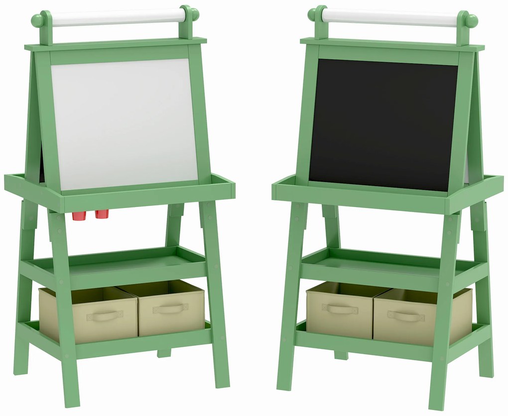 AIYAPLAY Cavalete de Pintura Infantil 3 em 1 Quadro Dupla Face com Rolo de Papel e Cestos de Arrumação Verde | Aosom Portugal