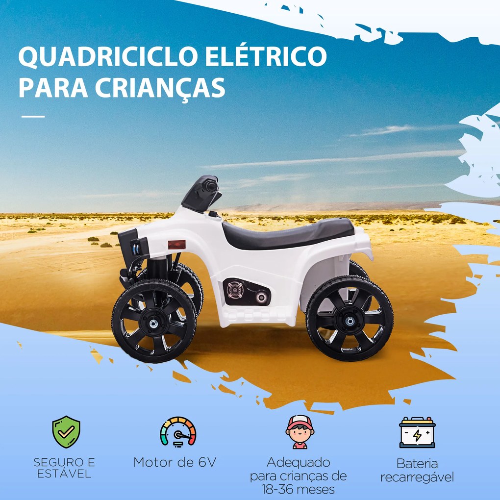 Moto 4 Elétrico para Crianças 6V Faróis Buzina Velocidade -3km/h Avanço e Recuo 65x40x43 cm Branco