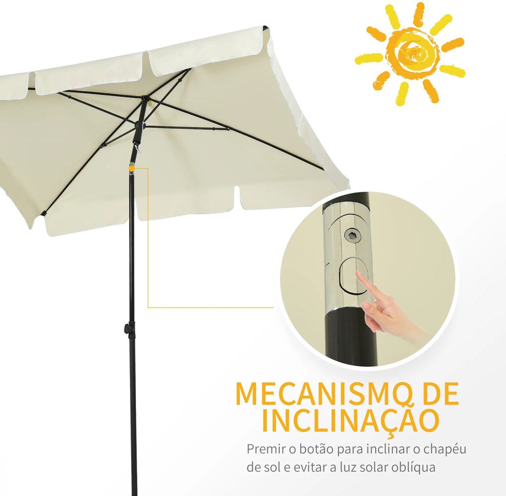 Chapéu de Sol Retangular de Jardim 198x130x240cm Chapéu de Sol de Alumínio com Função de Inclinação para Terraço Pátio Exterior Creme