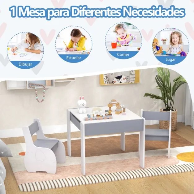 Conjunto de mesa e 2 cadeiras para crianças Mesa de atividades em madeira 4 em 1 para arte, desenho, leitura e quadro removível Cinzento e branco