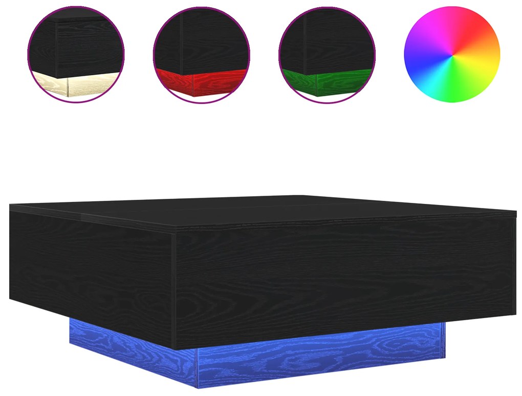 Mesa de Centro vidaXL com Luzes LED Carvalho Preto 80x80x31 cm