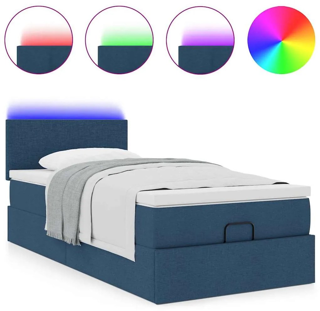 Cama Otomana com Colchão & LEDs Tecido Azul 90x200 cm
