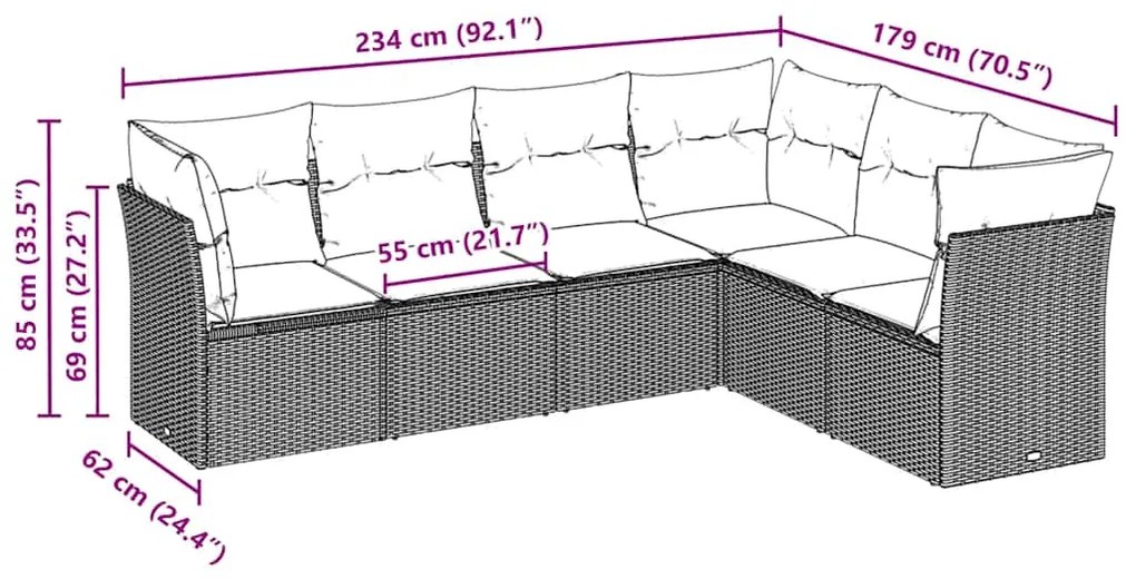 6 pcs conj. sofás jardim com almofadões vime PE cinzento-claro