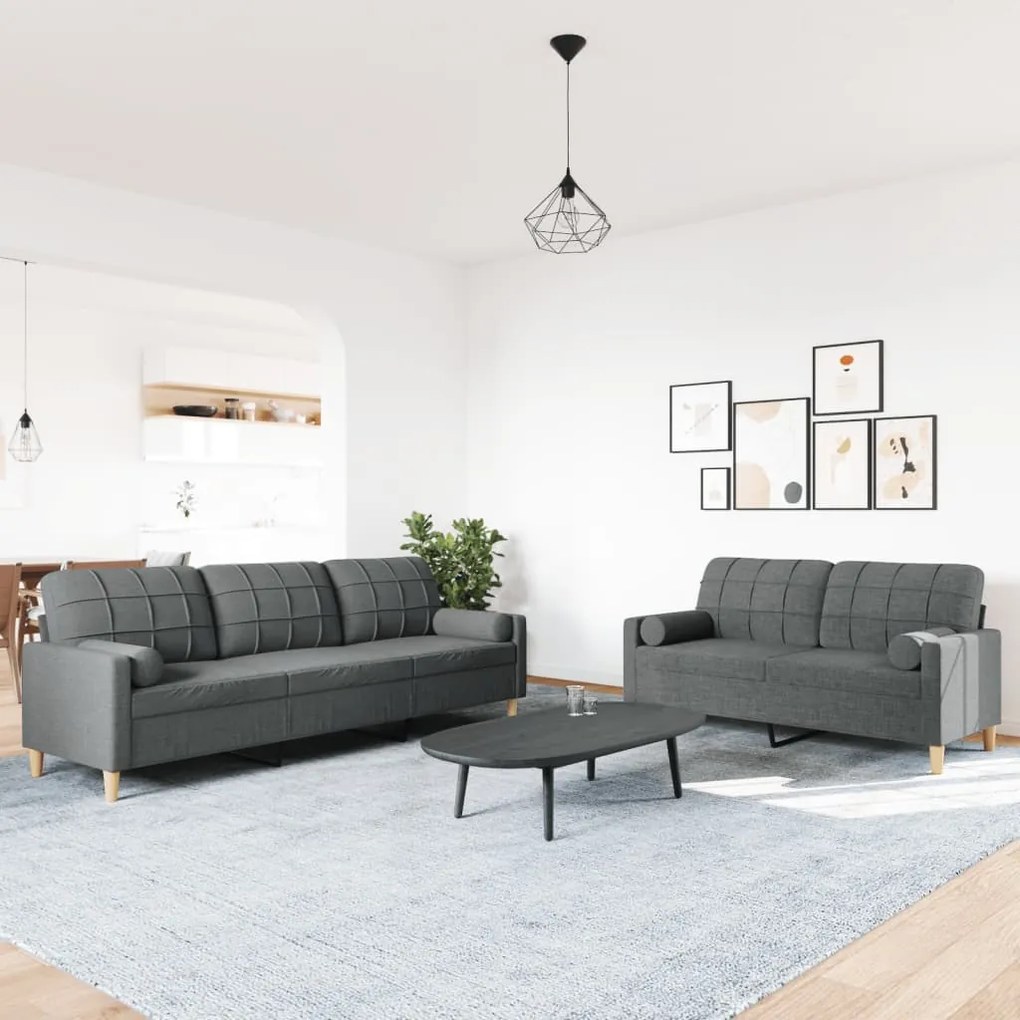 2 pcs conjunto de sofás com almofadões tecido cinzento-escuro