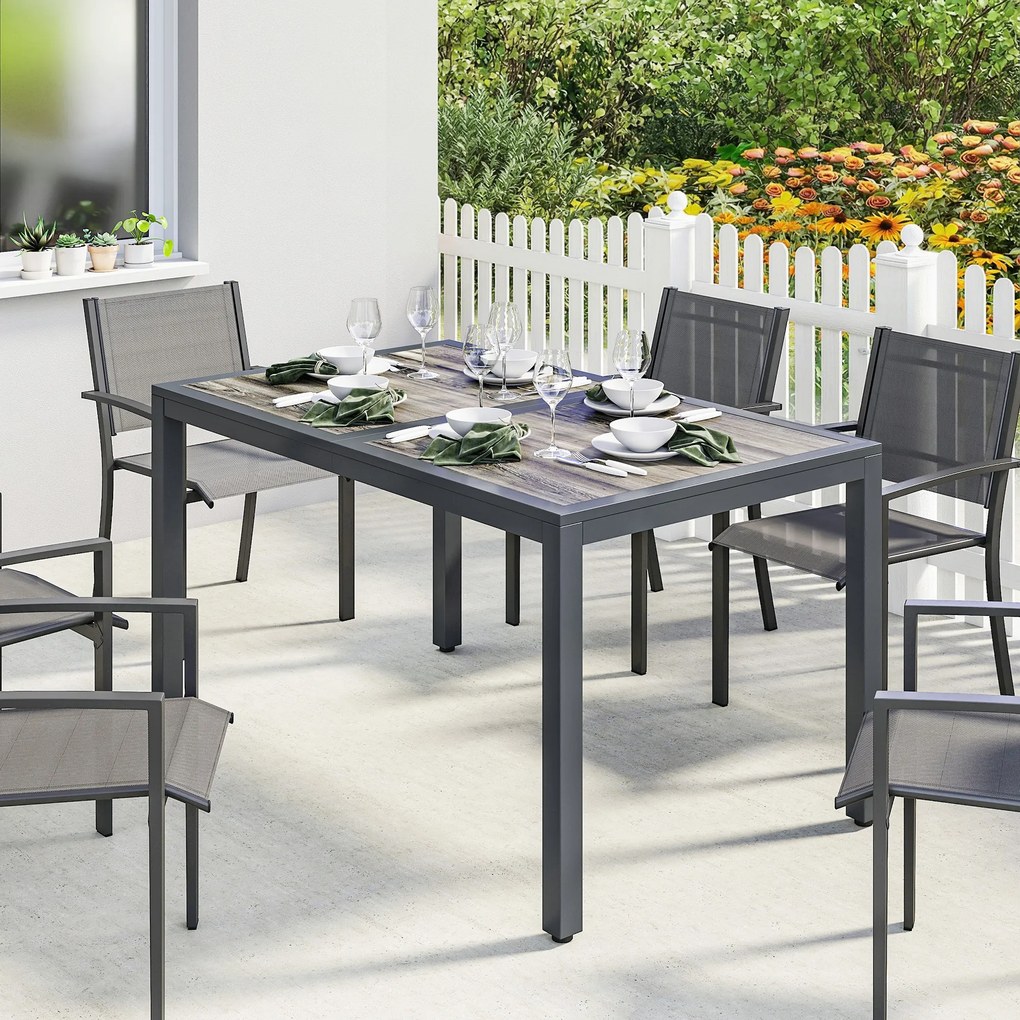 Mesa de jardim para 4 a 6 pessoas, 140 x 80 x 72 cm mesa de jantar de exterior com tampo com efeito de madeira,cinzento escuro
