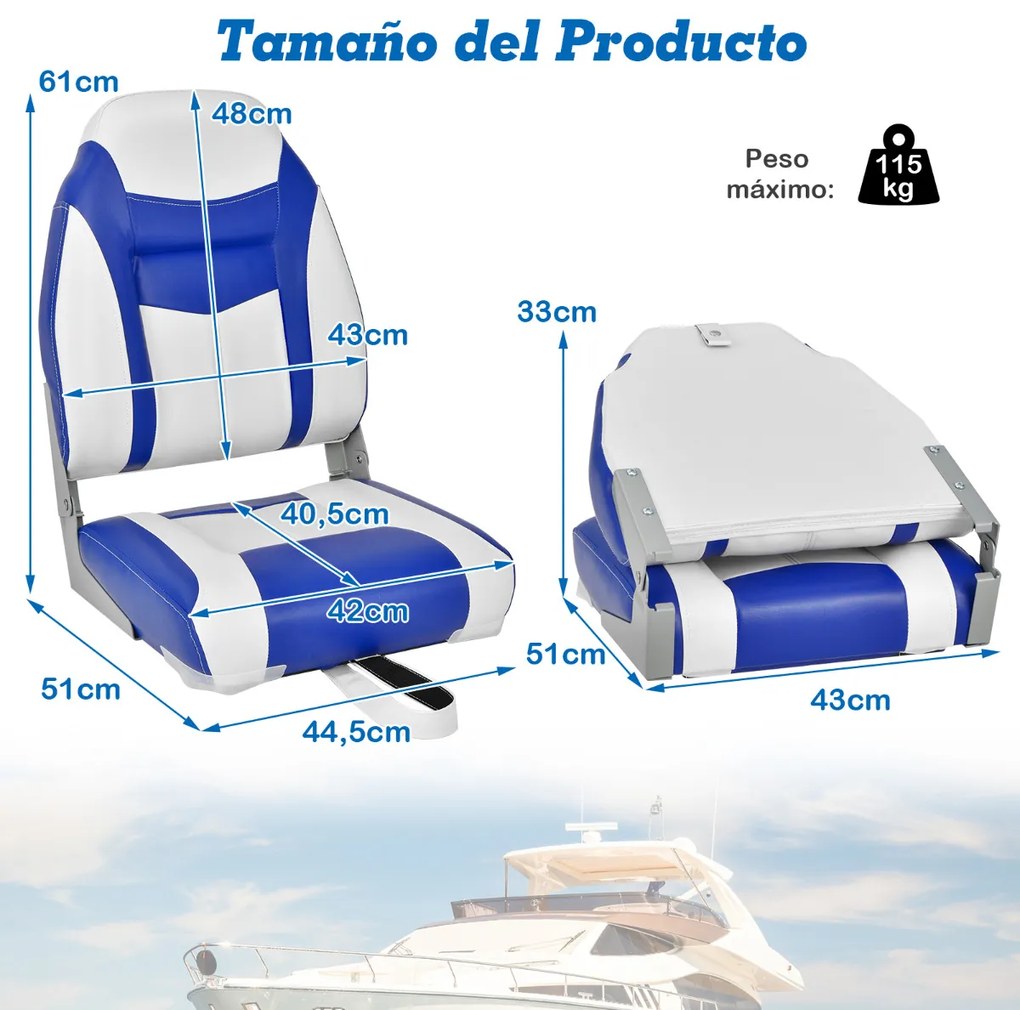 2 Assentos de barco dobráveis com encosto alto Almofada almofadada macia universal moldado macio 44,5 x 51 x 61 cm Azul