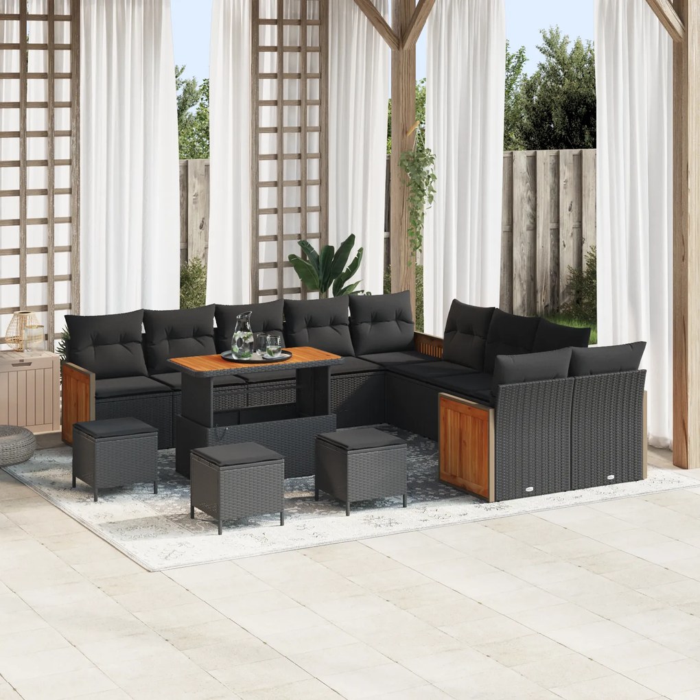 Conjunto de sofá de jardim vidaXL com 14 peças e almofadas Preto Vime