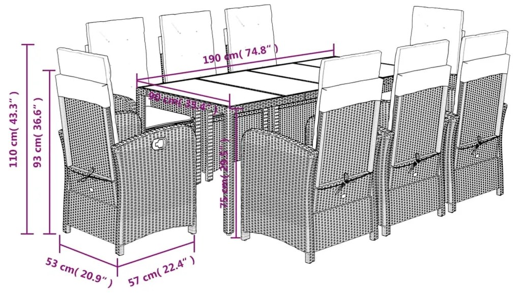 9 pcs conjunto de jantar p/ jardim c/ almofadões vime PE cinza