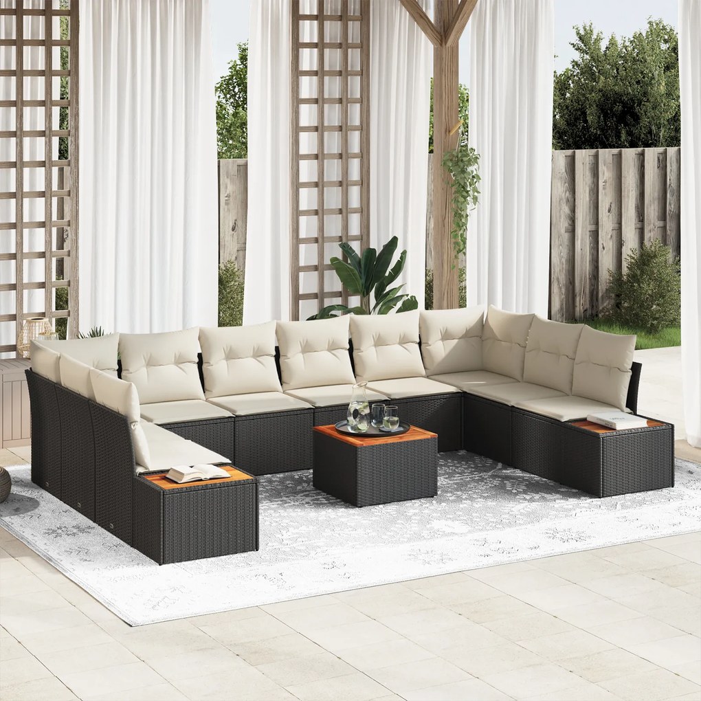 Conjunto de Sofá de Jardim em 11 Peças com Almofadas Preto Vime PE Acá
