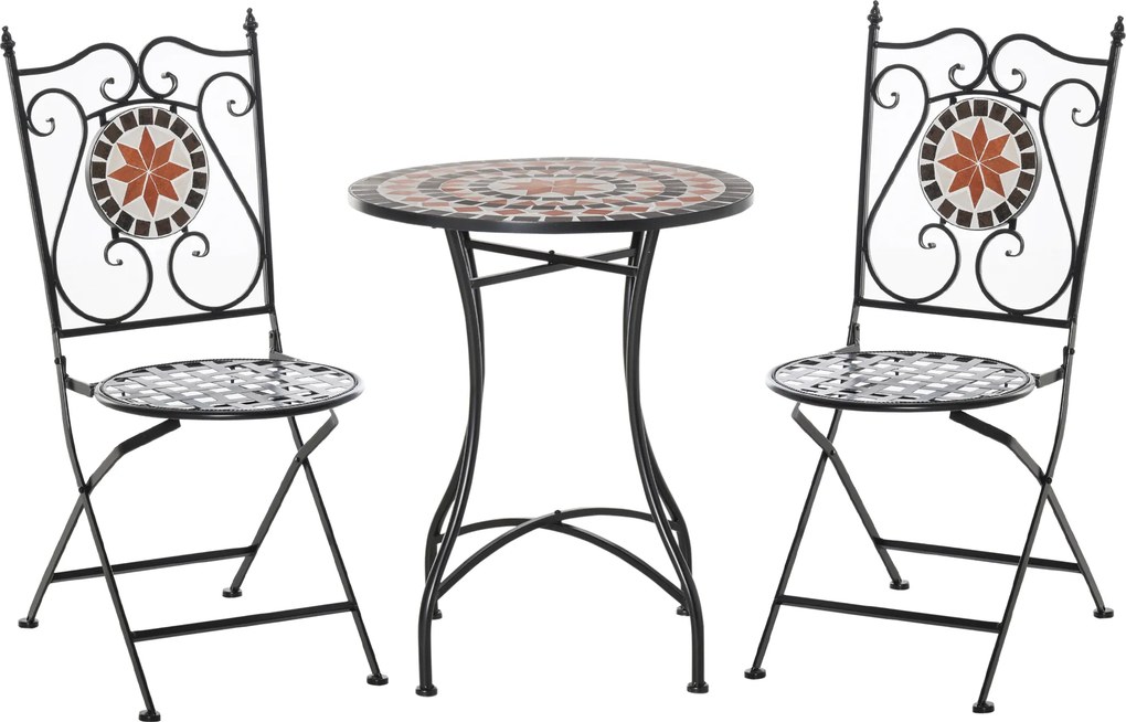 Outsunny Conjunto Bistrô 2 Lugares 3 Peças Ferro Forjado Mosaico de Cerâmica Motivo Rosa Dos Ventos Cadeiras Dobráveis Metal Preto | Aosom Portugal