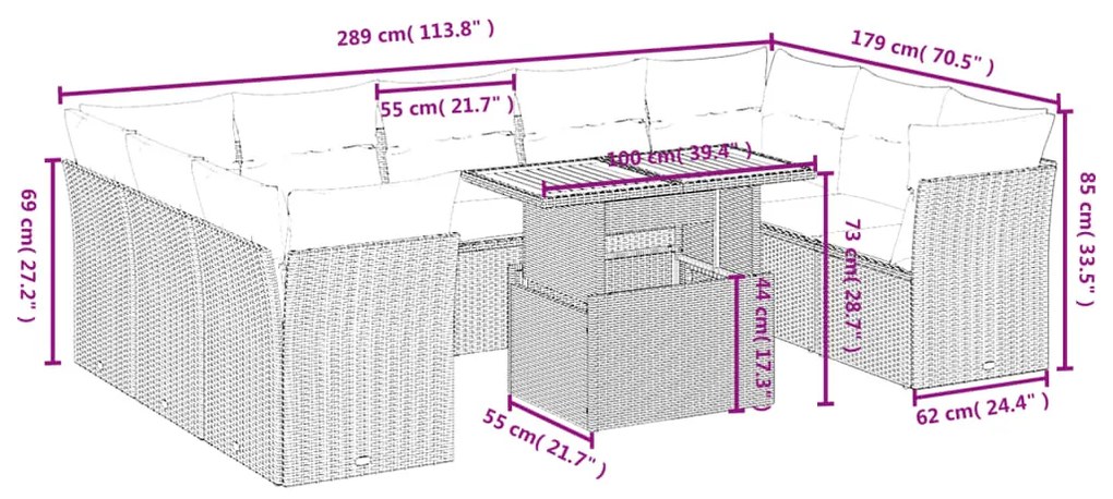 10 pcs conjunto sofás de jardim c/ almofadões vime PE preto