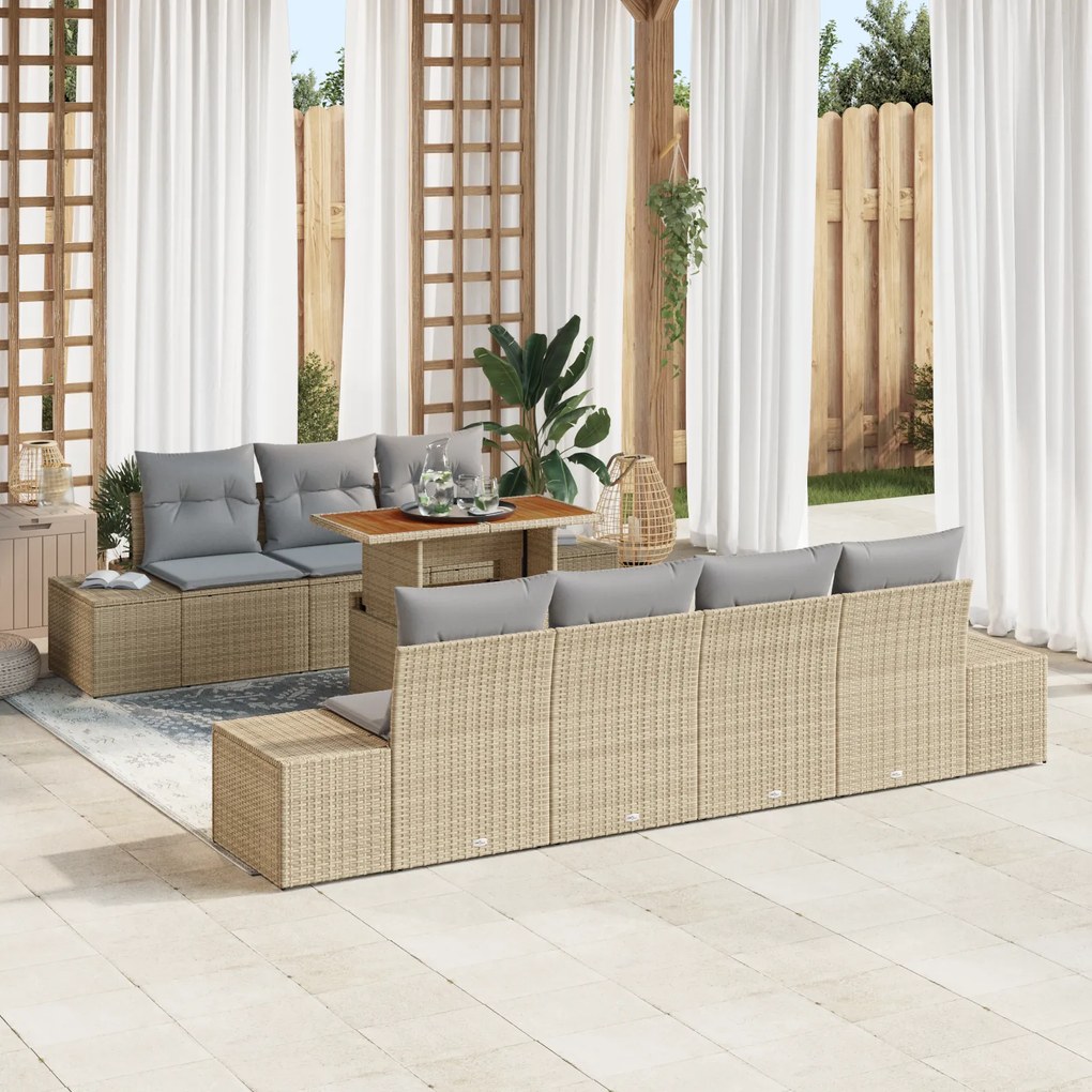 Conjunto de Jantar de Jardim com 8 Peças e Almofadas Bege em Rattan Po
