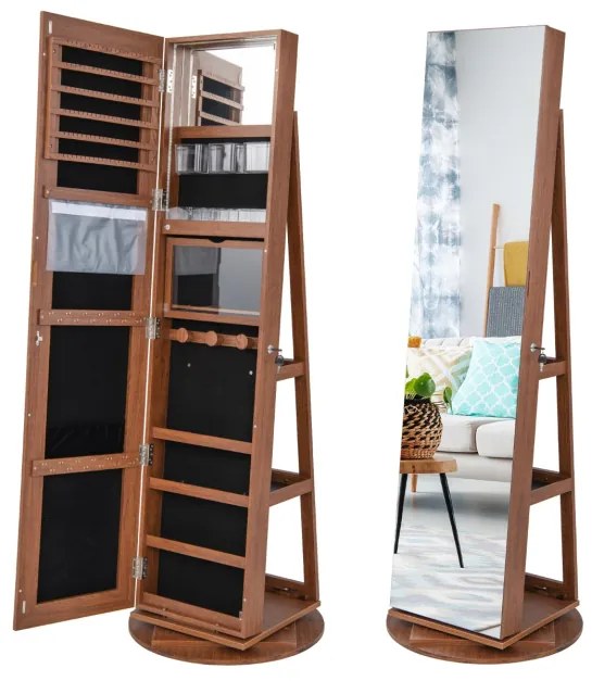 Espelho Guarda Joias rotativos 360° com luzes LED Espelho de corpo inteiro Com Estante 54,5 x 161 cm Castanho