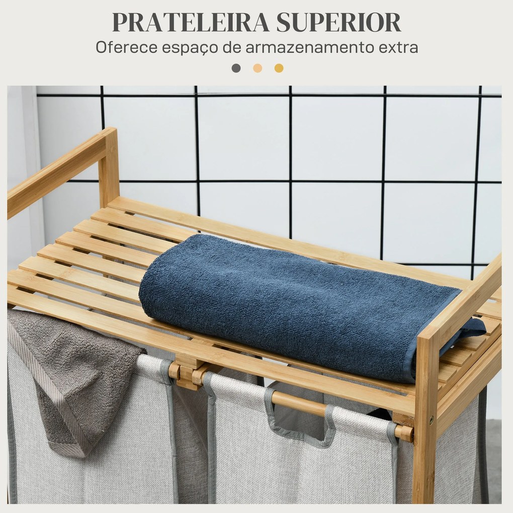 Cesto de Roupa de Bambu Cesto de Roupa Suja com 2 Bolsas Amovíveis e 2
