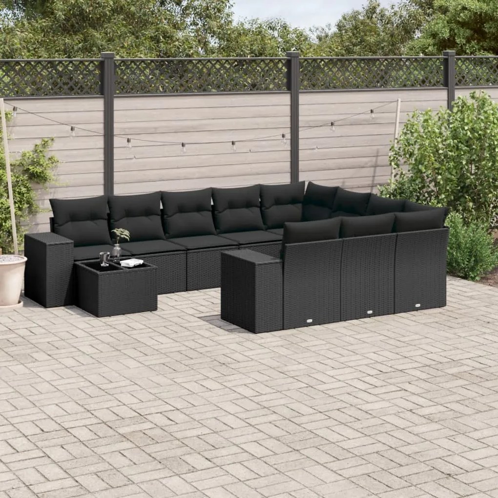 11 pcs conjunto sofás de jardim c/ almofadões vime PE preto
