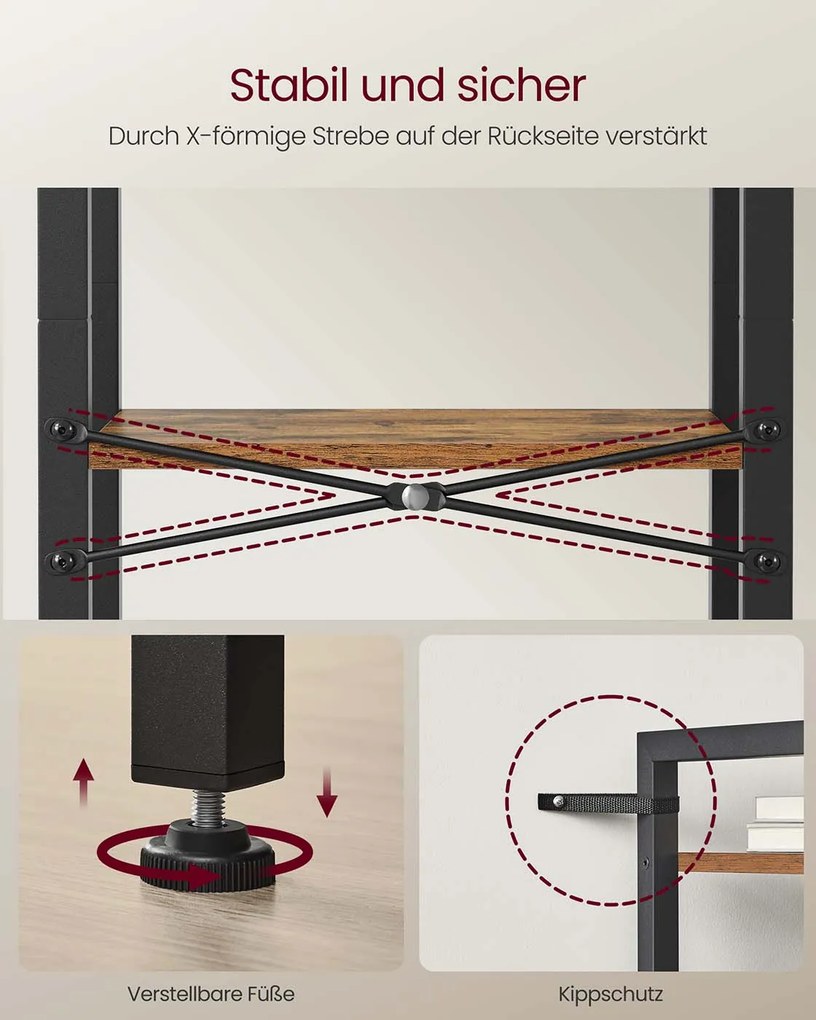 Estante com 3 níveis e prateleiras abertas 24 x 40 x 76,4 cm Castanho vintage + Preto