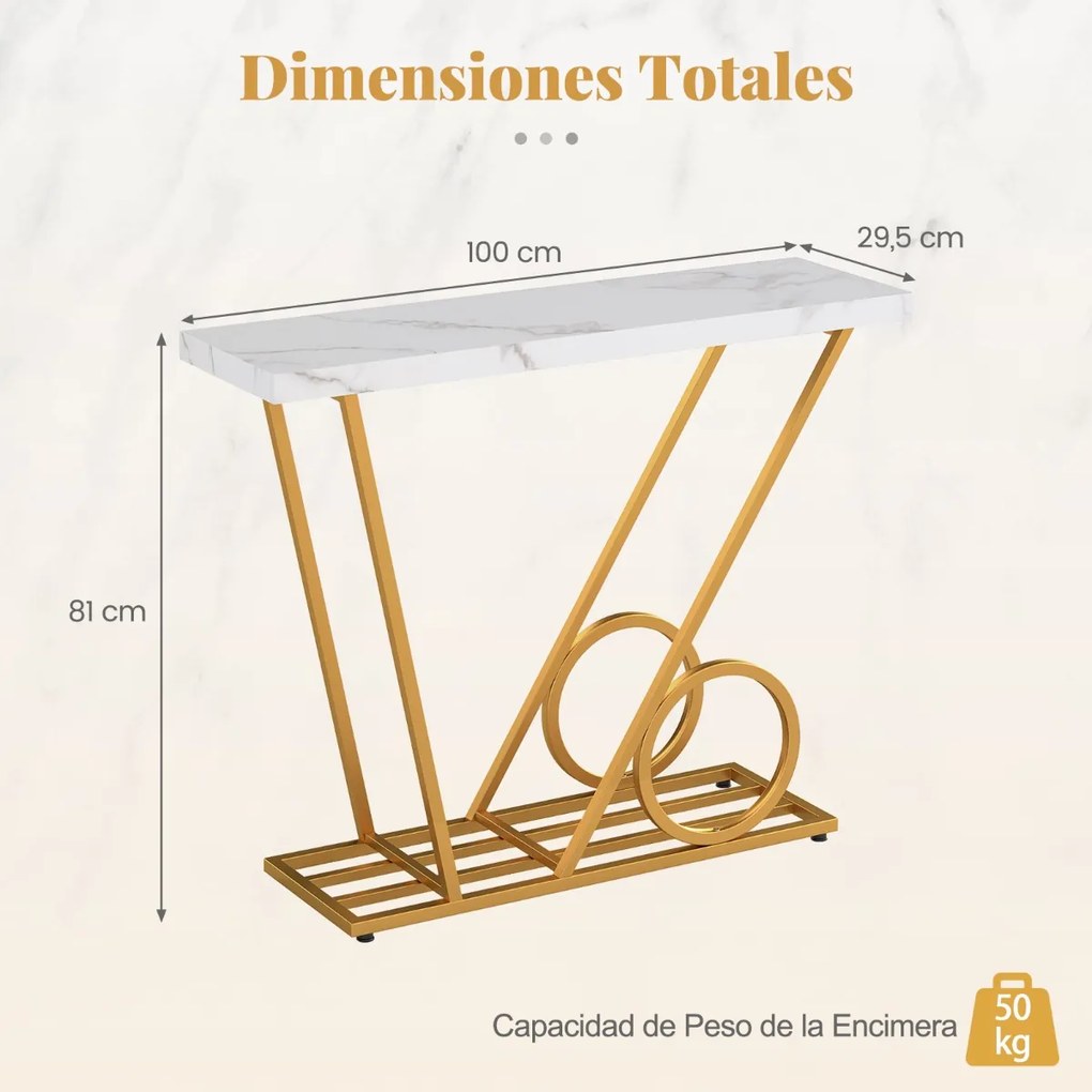 Mesa Consola moderna 100 x 29,5 x 81 cm com tampo em mármore sintético e Estrutura metálica para corredor, sala de estar ou entrada, Branca e Dourada