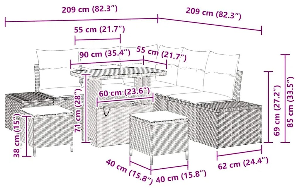 Conjunto de Sofá de Jardim com 8 peças e almofadas cinza