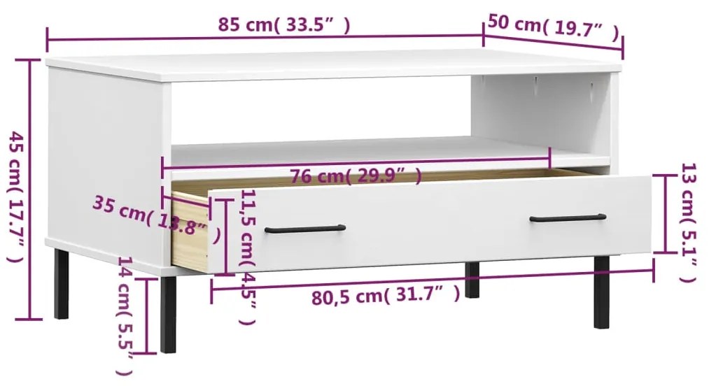Mesa de centro com pernas de metal madeira maciça OSLO branco
