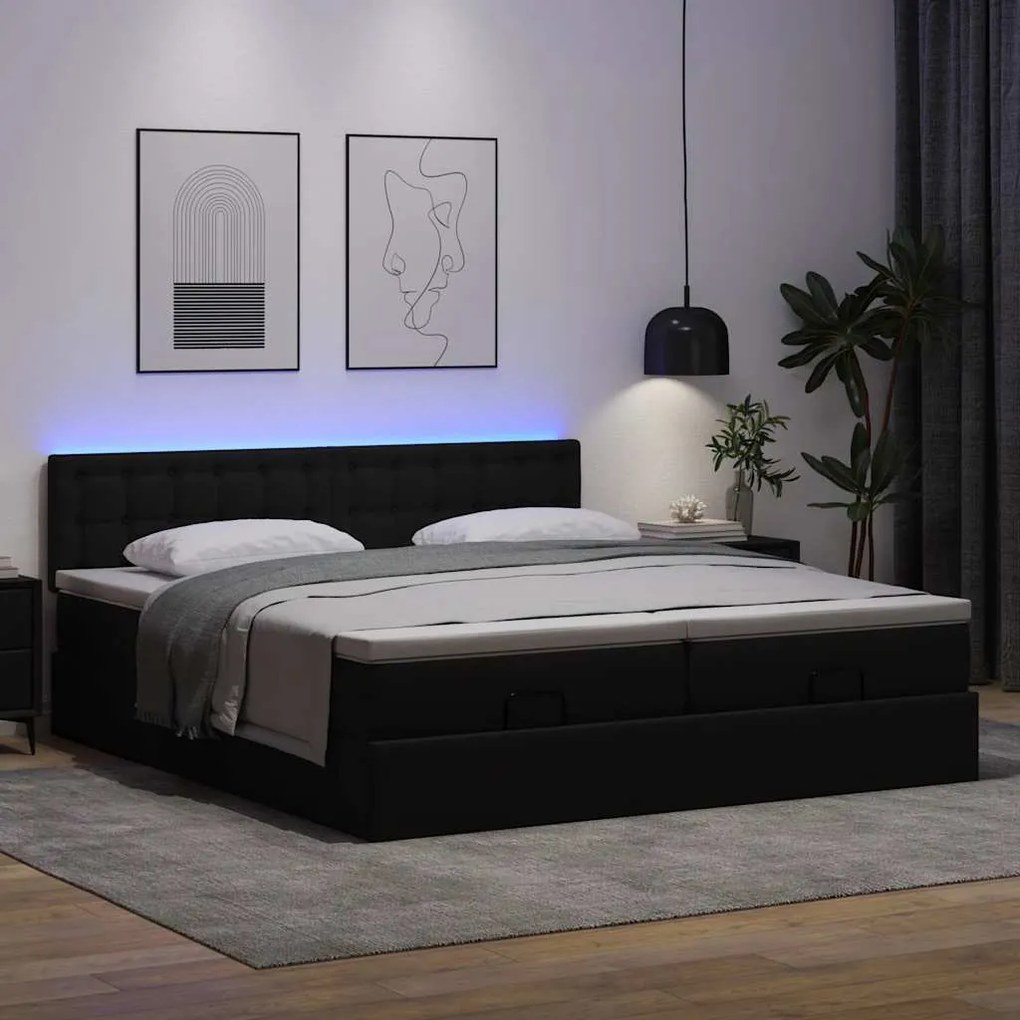 Cama otomana com colchões&amp;LEDs 180x200cm couro artificial preto