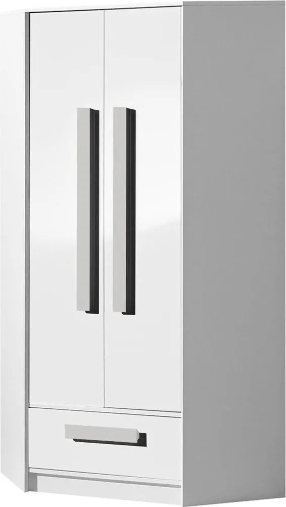 Roupeiro de canto Merevari 103, Branco, Branco brilhante, Cinzento, 191x87x87cm, 79.9 kg, Portas para roupeiro: Com dobradiças, Número de prateleiras: 3, Número de prateleiras: 3