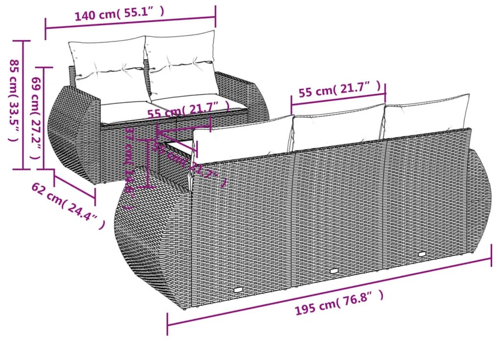 6 pcs conjunto sofás de jardim com almofadões vime cinzento