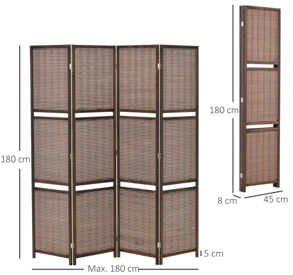 HOMCOM Biombo de 4 Painéis de Bambú Separador de Ambientes Dobrável com 2 Prateleiras Removíveis para Dormitório 180x180cm Marrom