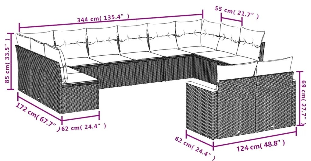 12 pcs conjunto de sofás p/ jardim com almofadões vime PE bege