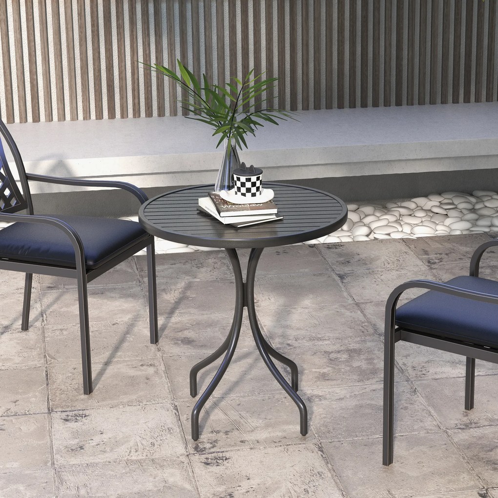 Mesa de jardim redonda Ø66 cm, mesa de exterior em aço galvanizado com tampo de ripas para terraço ou varanda, preta
