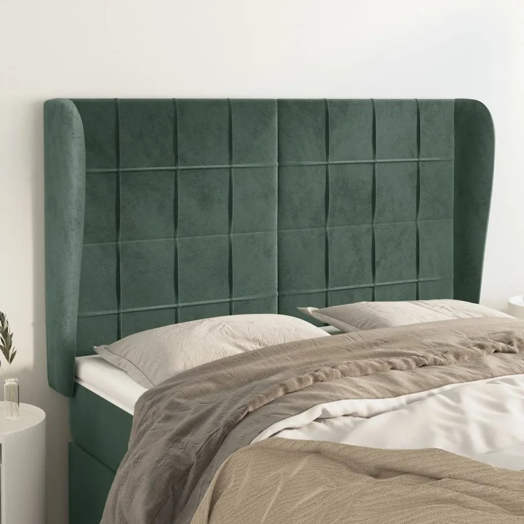 vidaXL Cabeceira cama c/ abas veludo 147x23x118/128 cm verde-escuro