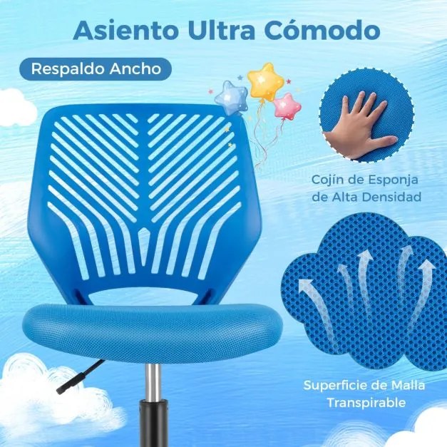 Cadeira de secretária ergonómica para crianças, ajustável em altura Cadeira giratória sem braços com rodas universais para o escritório em casa Azul