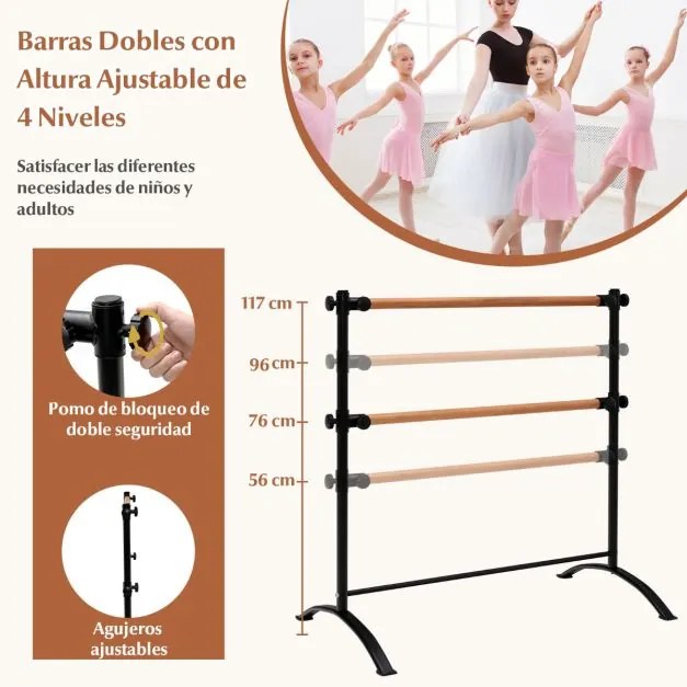Barra de Ballet 120 cm Portátil Barra Dupla Independente Altura Ajustável 56/76/96/116 cm Adultos e Crianças Preto