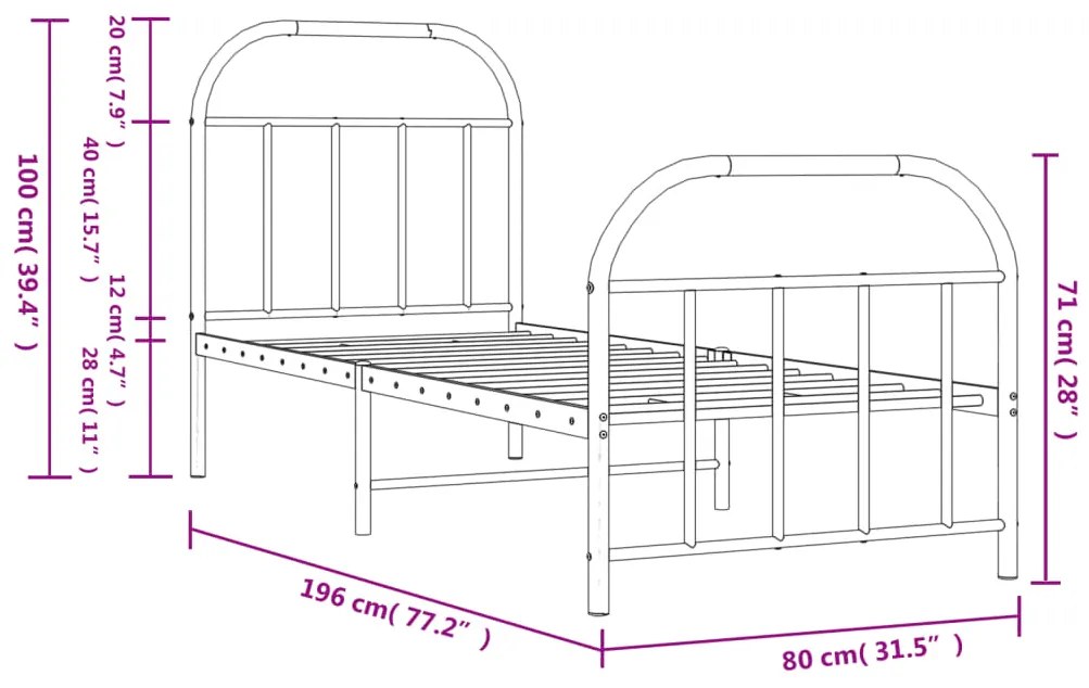 Estrutura de cama com cabeceira e pés 75x190 cm metal branco