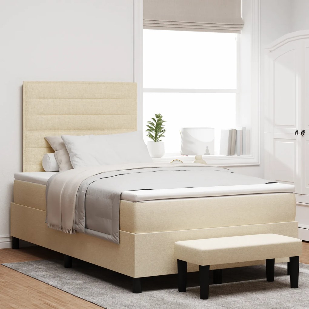 vidaXL Cama Box Spring com Colchão &amp; Banqueta Creme 120x200 cm Tecido