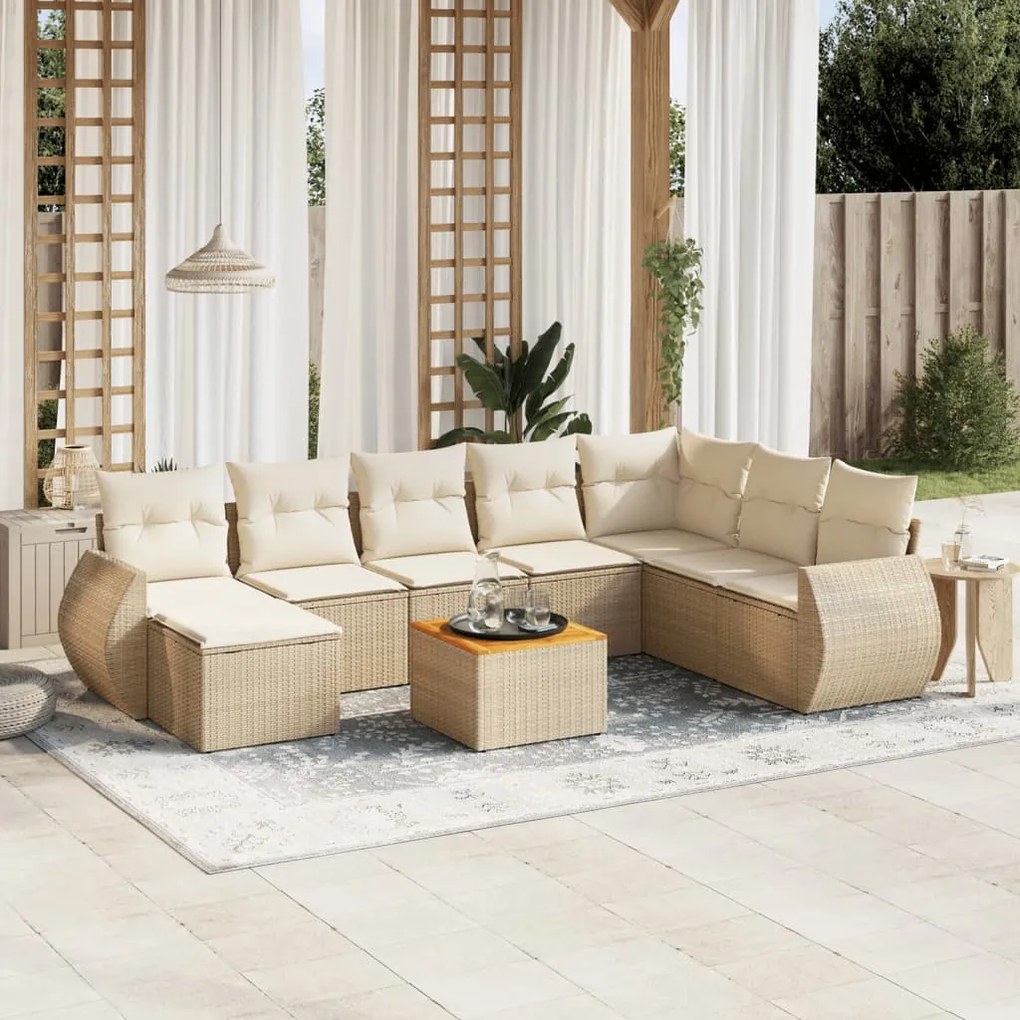 9 pcs conjunto de sofás p/ jardim com almofadões vime PE bege