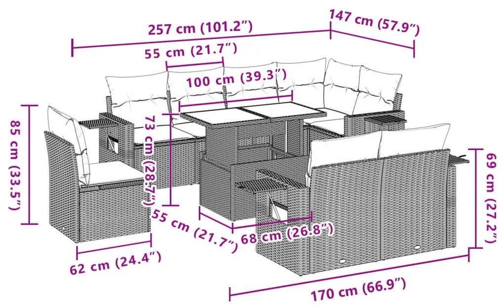 9 pcs conjunto de sofás p/ jardim com almofadões vime PE bege