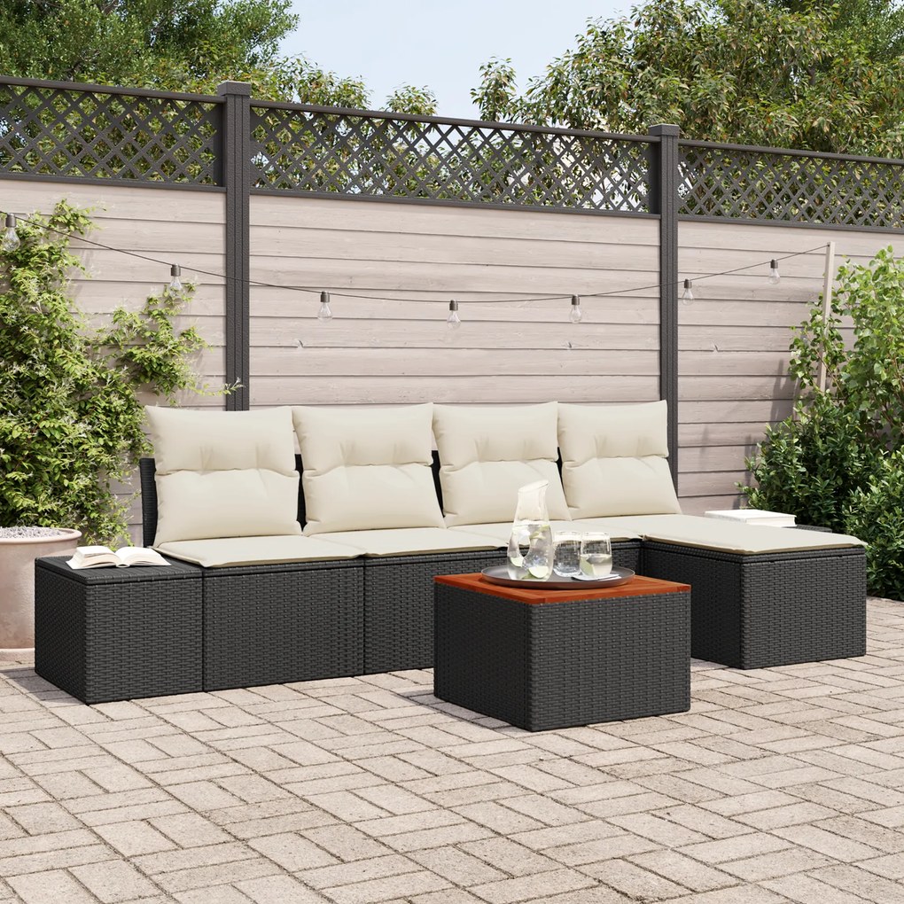 Conjunto de Sofá de Jardim de 6 Peças com Almofadas Pretas de Poly Rat