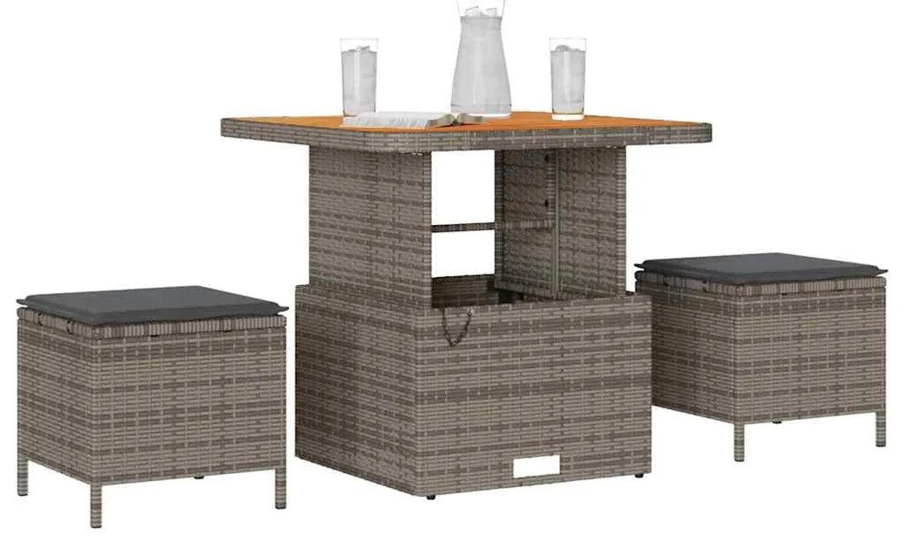 Conjunto de Jantar de Jardim em 3 Peças com Almofadas Cinza em Rattan