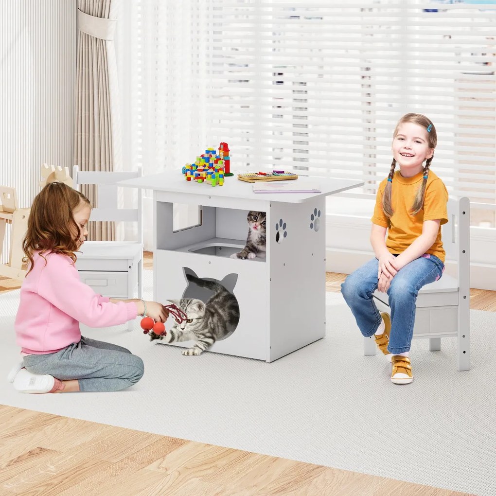 Conjunto de mesa e cadeiras infantil 2 em 1 com casinha para gatos e janela transparente. Inclui cubos de tecido para crianças com mais de 3 anos. Bra