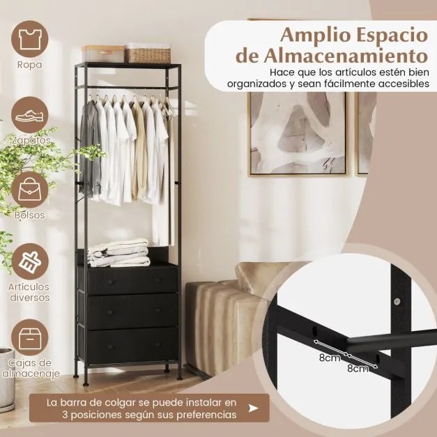 Guarda Roupa com gavetas com barra para pendurar e prateleiras para entrada do quarto 55 x 28 x 176 cm Preto