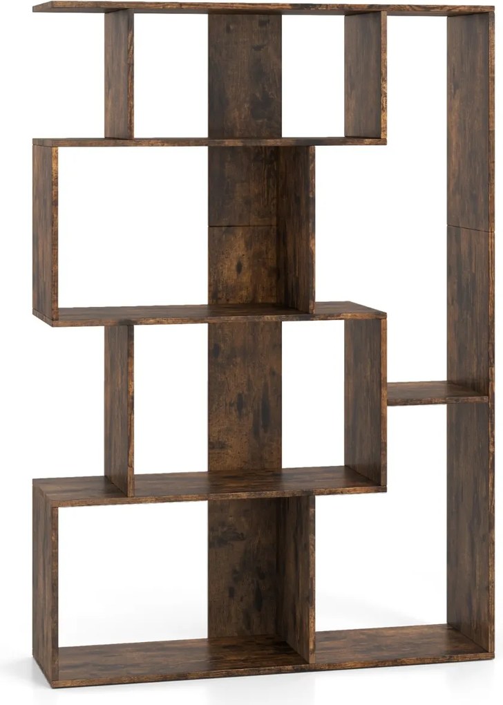 Estante em forma de S com 4 níveis, 6 compartimentos abertos e 2 dispositivos antiderrapantes para escritório ou estúdio, 80 x 30 x 119 cm, castanho