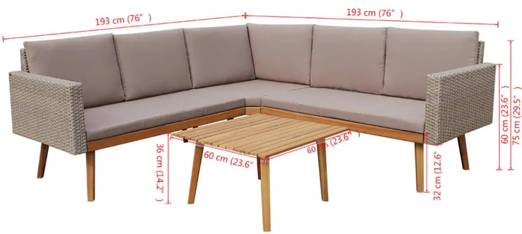 4 pcs conjunto lounge de jardim c/ almofadões vime PE cinzento