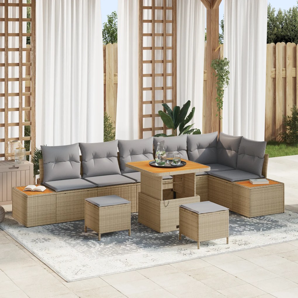 Conjunto de Sofás de 9 Peças vidaXL com Almofadas Bege de Rattan Poliéster Acácia