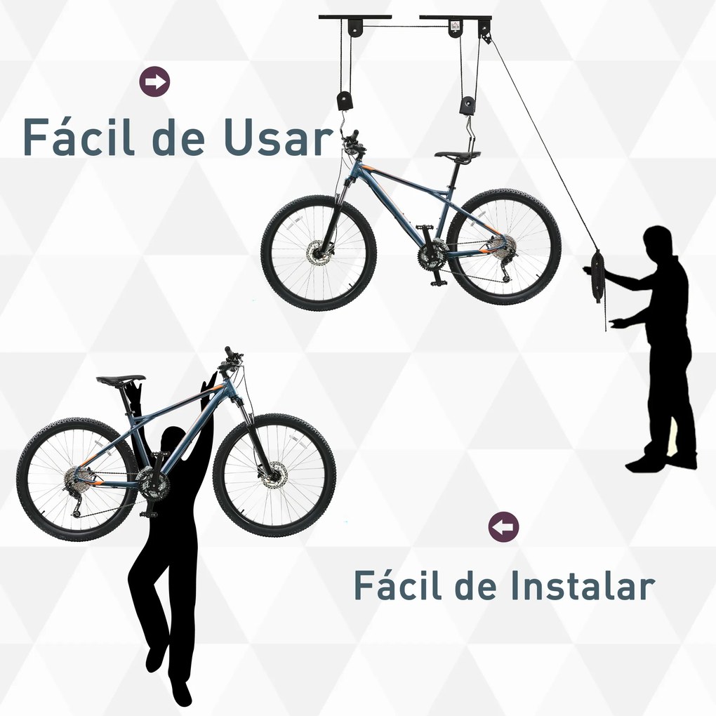 HOMCOM Suporte de bicicletas de teto Roldanas Cordas Altura Ajustável25,1x 8,7x 1,5 cm carga 20kg