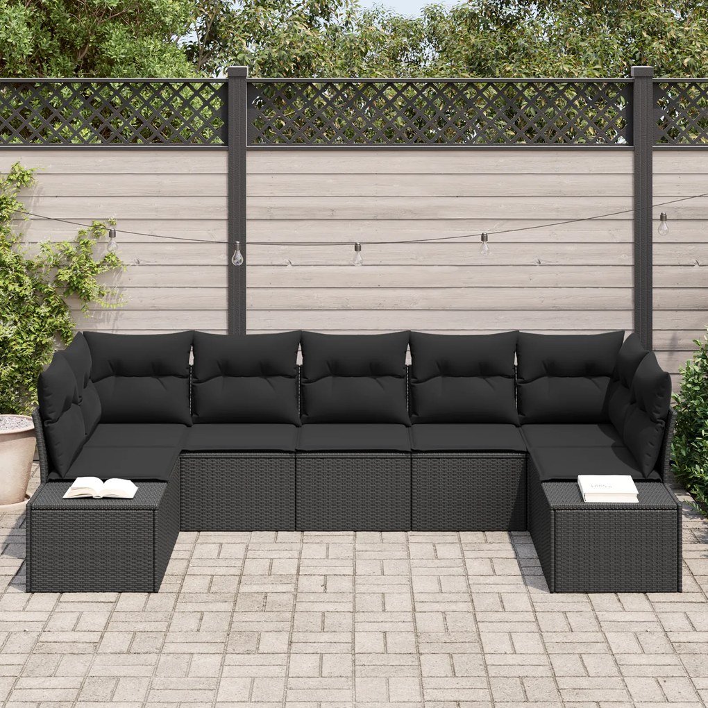 Conjunto de Sofá de Jardim de 7 Peças com Almofadas Preto Rattan Polid