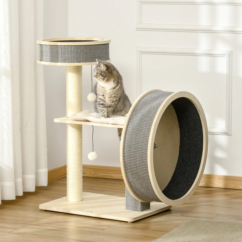 PawHut Árvore Arranhador para Gatos Médios Altura 91cm Torre de Escalada Gatos com Roda para Exercitar Cama Plataforma Almofadas Poste de Sisal e Bolas de Brinquedo Cinza e Creme